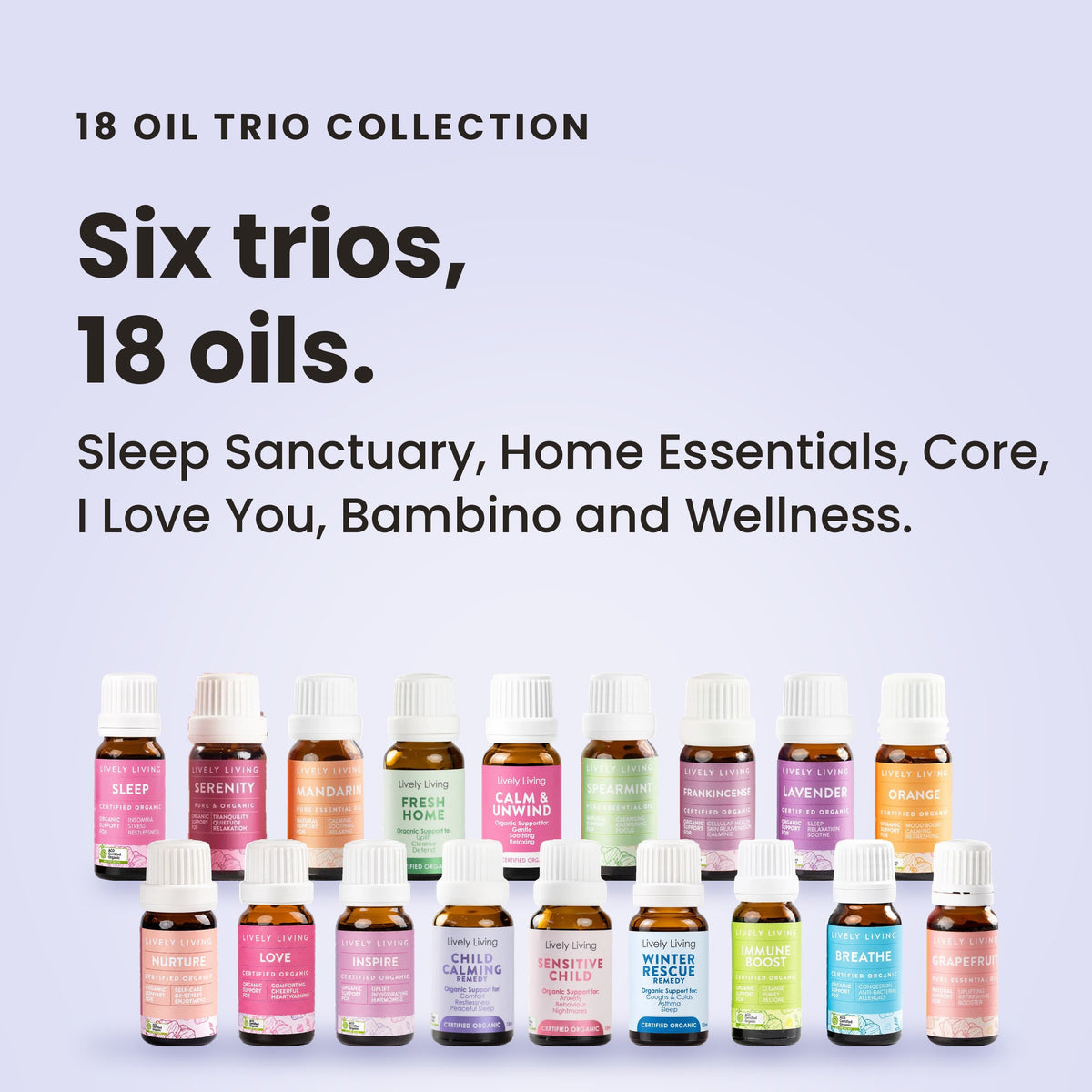 18 Oil Trio Collection: Sleep Sanctuary, Home Essentials, Core, I Love You, Bambino and Wellness trios
