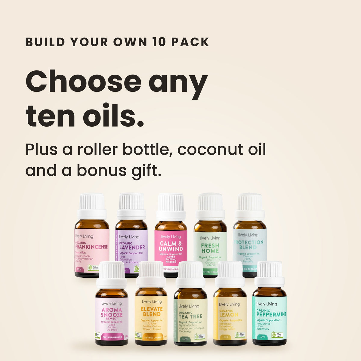 Build Your Own 10 Pack: choose any ten oils, plus a roller bottle, coconut oil and a bonus gift