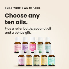 Rows of Lively Living certified organic essential oil boxes on a gold display shelf, including Breathe, Meditation, Relaxation, Sleep, Focus and Harmony, with a banner reading 10x Choose 10x Essential Oils and the ACO Certified Organic logo