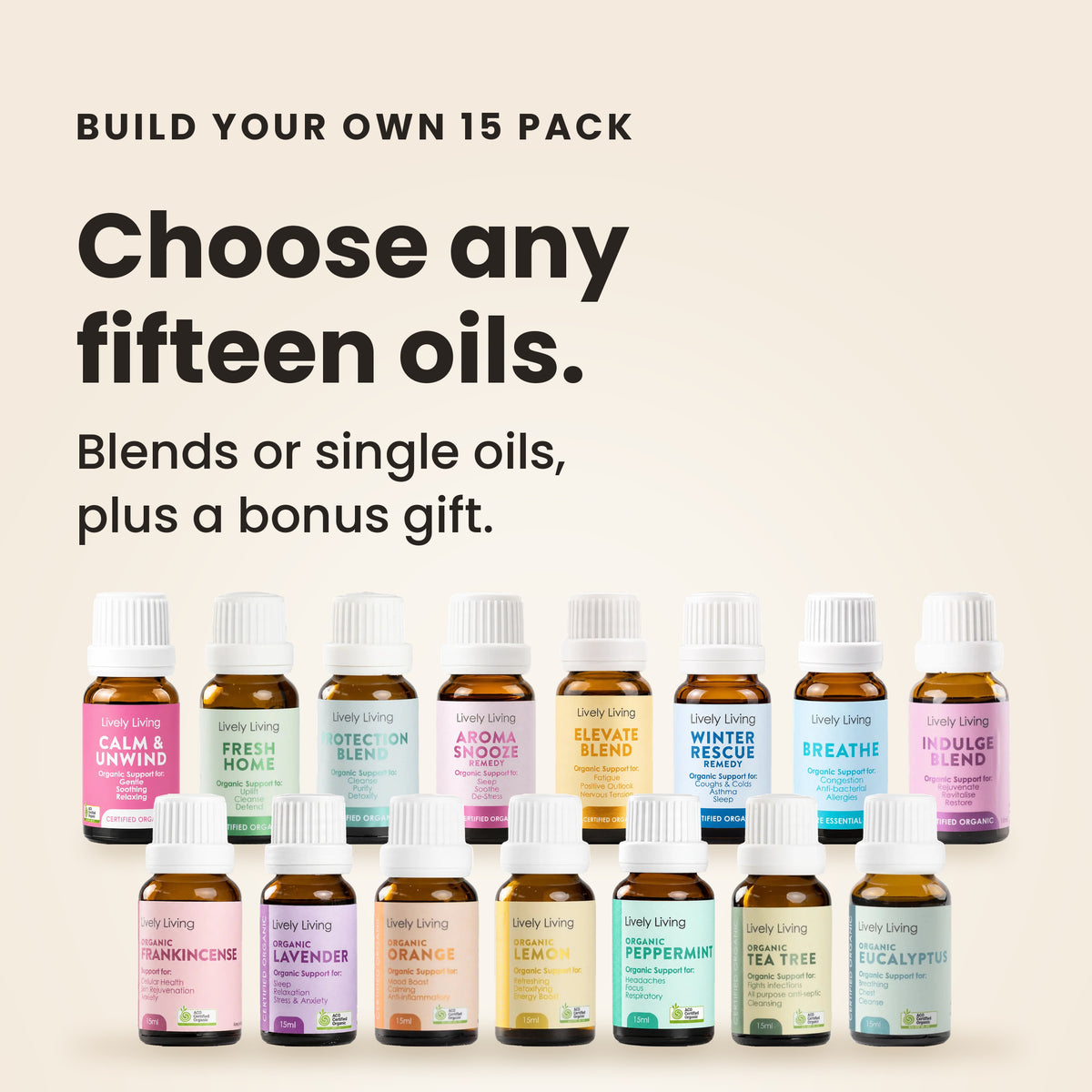 Build Your Own 15 Pack: choose any fifteen blends or single oils, plus a bonus gift
