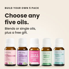 Lively Living certified organic essential oils and boxes on a pink background, including Beautiful, Women's Blend, Harmony, Anxiety Aid, Sensitive Child, Winter Rescue and Organic Lavender, with a banner reading 5x Choose 5x Essential Oils and the ACO Certified Organic logo