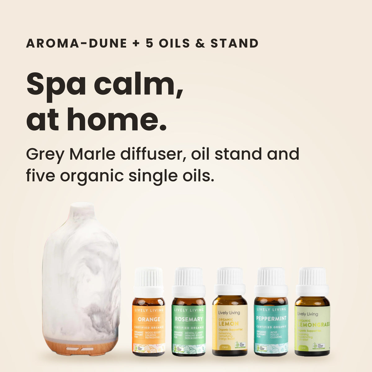 Aroma-Dune Grey Marle diffuser with oil stand and five organic single oils