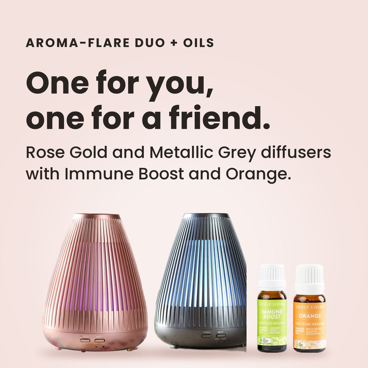 Aroma-Flare Diffuser Duo in Rose Gold and Metallic Grey with Immune Boost and Orange oils