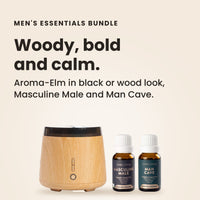 Men's Essentials Bundle: Aroma-Elm diffuser in black or wood look with Masculine Male and Man Cave oils