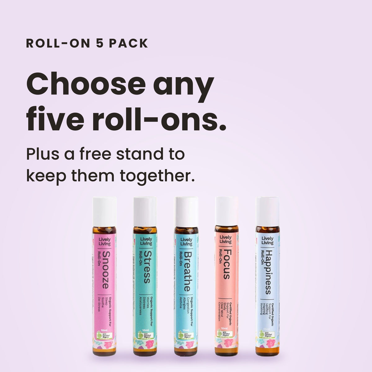 Roll-On 5 Pack: choose any five roll-ons, plus a free stand