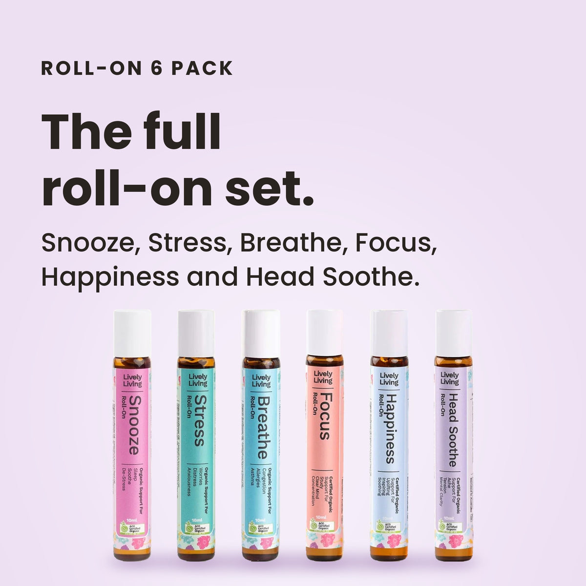 Roll-On 6 Pack: Snooze, Stress, Breathe, Focus, Happiness and Head Soothe roll-ons