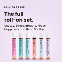 Lively Living roll-on range with boxes and bottles: Focus, Snooze, Happiness, Stress, Head Soothe and Breathe certified organic roll-ons