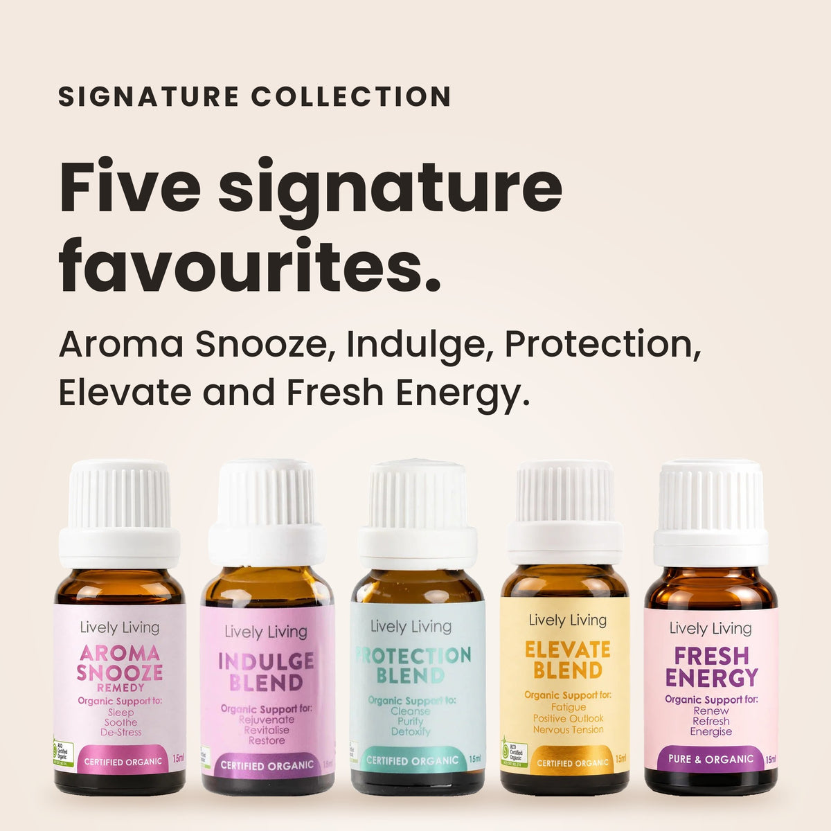 Signature Collection: Aroma Snooze, Indulge, Protection, Elevate and Fresh Energy