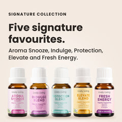 Five Lively Living 15ml blends, Protect, Aroma Snooze, Energy, Indulge and Calm, in a round marble and timber oil stand