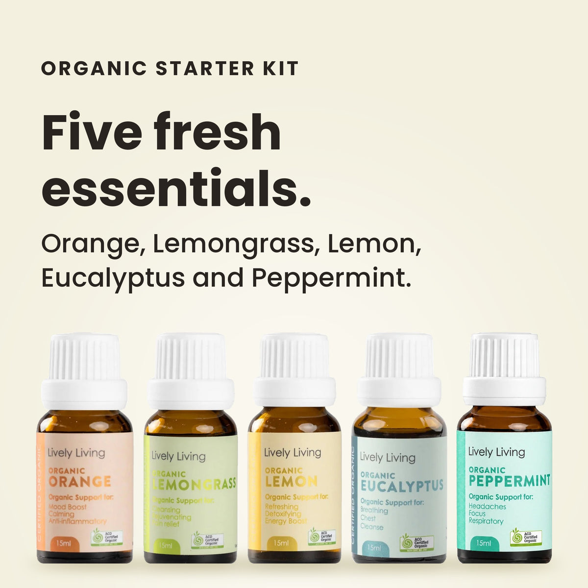 Organic Starter Kit: Orange, Lemongrass, Lemon, Eucalyptus and Peppermint 15ml oils