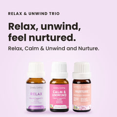 Lively Living Nurture, Relax and Calm & Unwind essential oils in 15ml amber bottles, front view on a white background