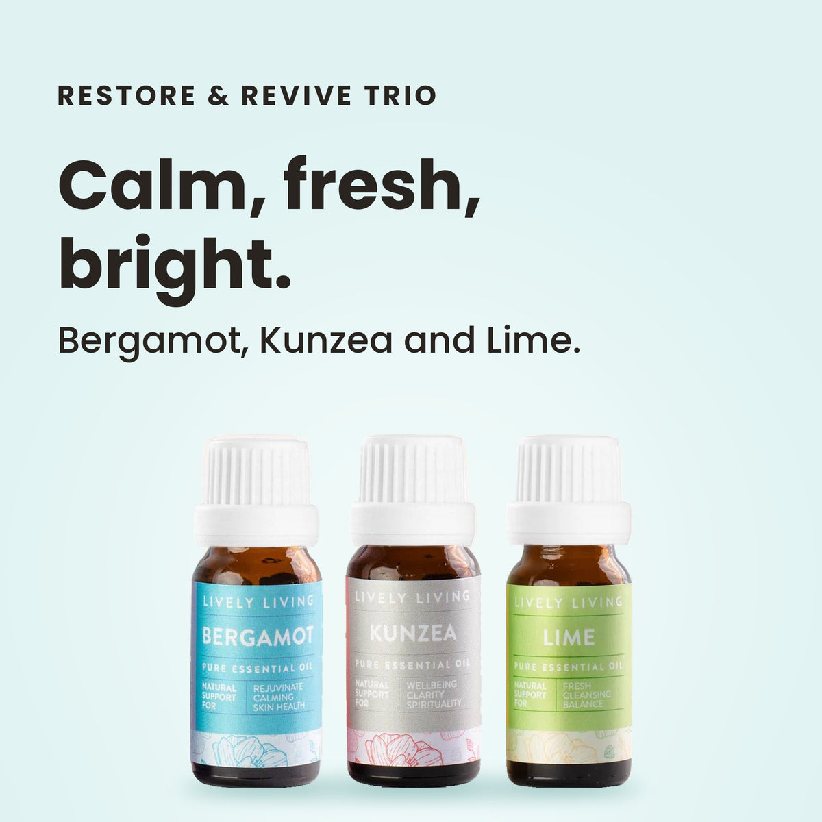 Restore & Revive Trio essential oils: calm, fresh, bright