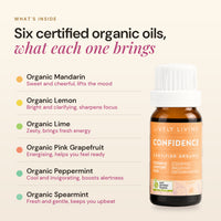 What's inside Confidence: six certified organic oils, mandarin, lemon, lime, pink grapefruit, peppermint and spearmint, and what each oil brings