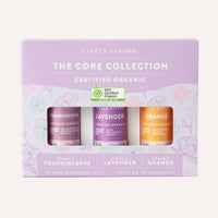 Lively Living essential oil set packaging with three bottles on a light purple background