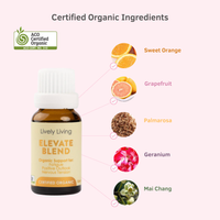Lively Living Elevate Blend essential oil bottle with certified organic label and ingredient icons on a white background.