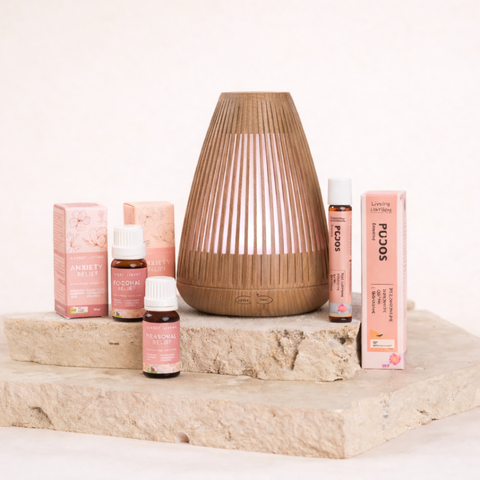 Aromatherapy products including a diffuser and bottles on a stone surface with a white background
