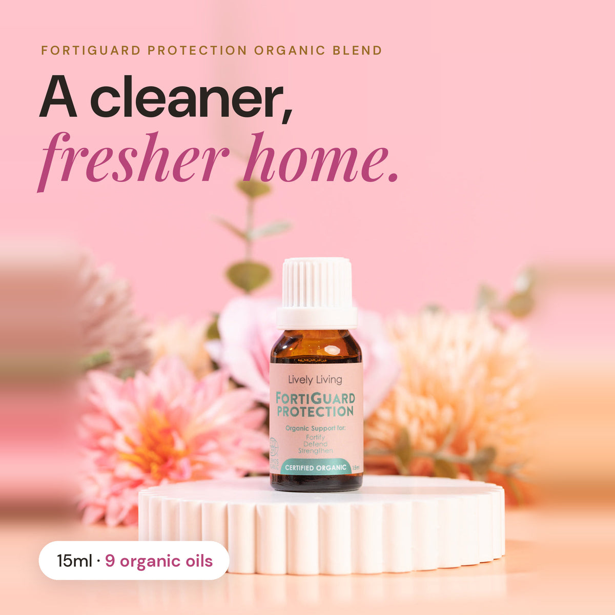 FortiGuard Protection certified organic essential oil 15ml with pink flowers: a cleaner, fresher home, 9 organic oils