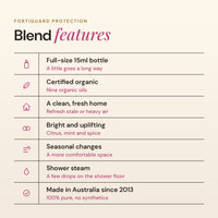 FortiGuard Protection blend features: full-size 15ml bottle, certified organic, a clean fresh home, bright and uplifting, seasonal changes, shower steam, made in Australia since 2013