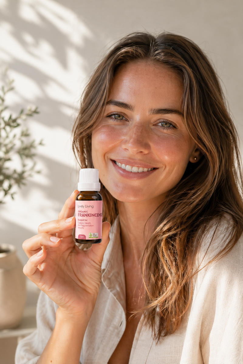 Woman holding a bottle of 'Pachamama' product outdoors