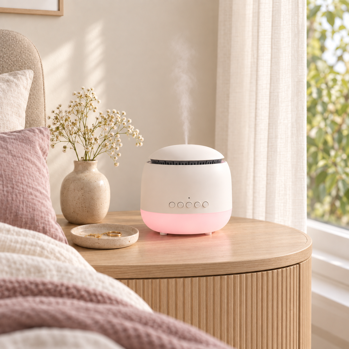 cream frequency diffuser on bedside 