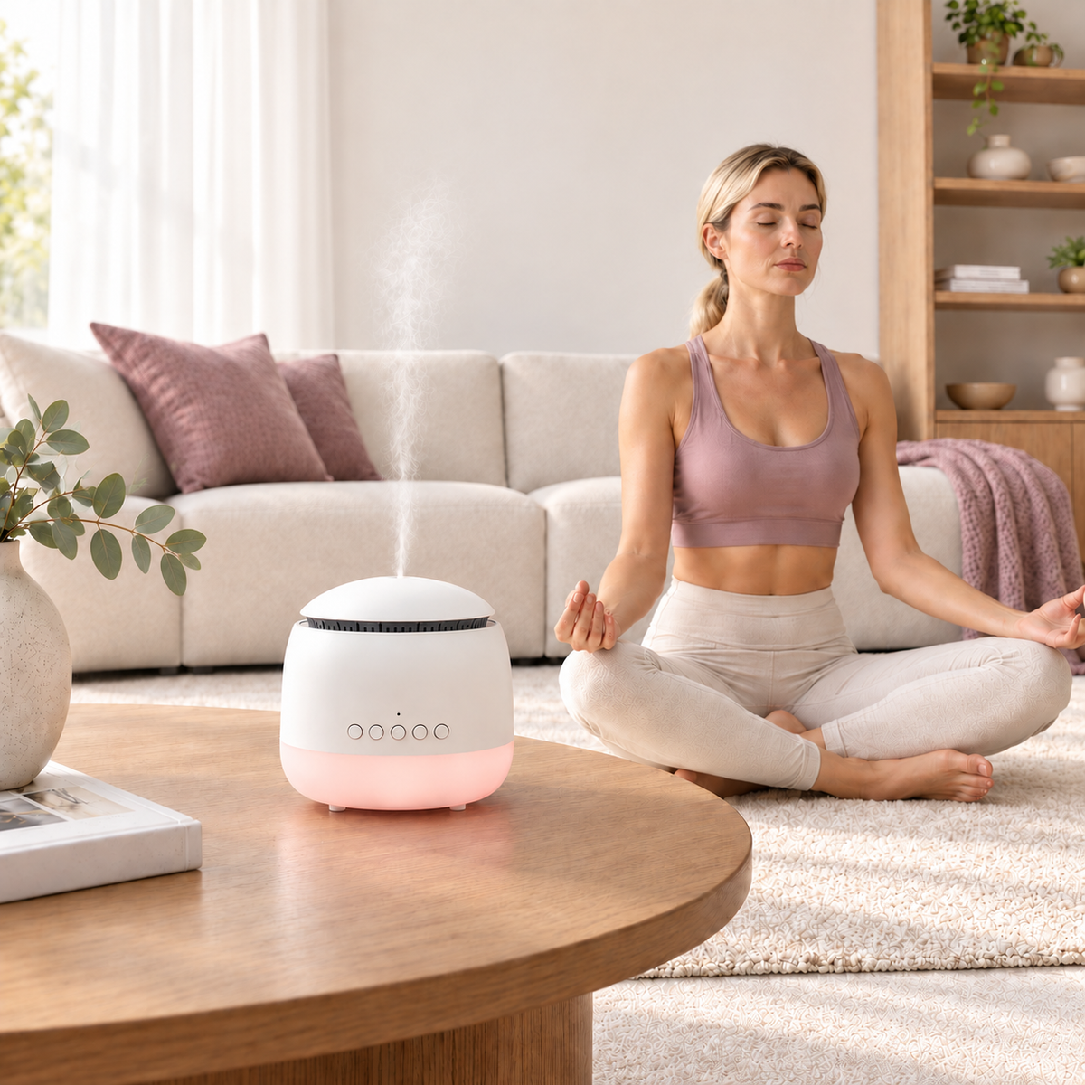 aroam frequeny diffuser with woamn meditating 
