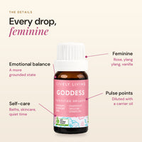 Goddess essential oil details: emotional balance, self-care, feminine, pulse points