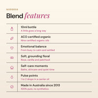 Goddess blend features: ACO certified organic, emotional balance, soft grounding floral, self-care moments
