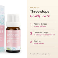 How to use Goddess essential oil: 2 to 5 drops in a diffuser, or 1 to 2 drops in a teaspoon of carrier oil for pulse points