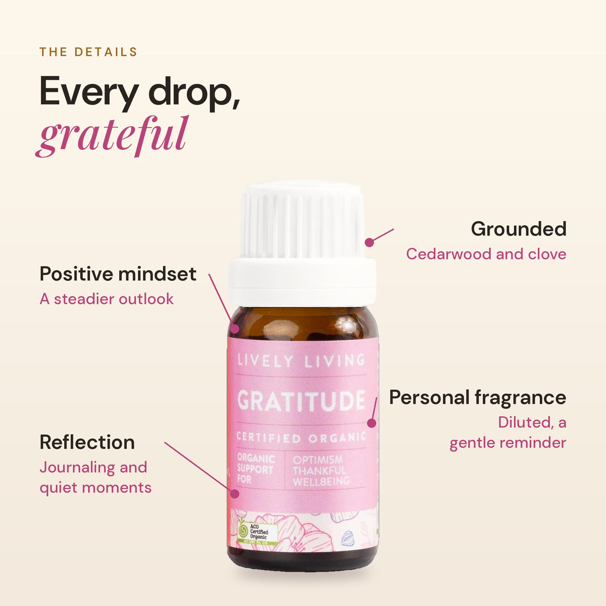 Gratitude essential oil details: positive mindset, reflection, grounded, personal fragrance