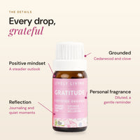 Gratitude essential oil details: positive mindset, reflection, grounded, personal fragrance
