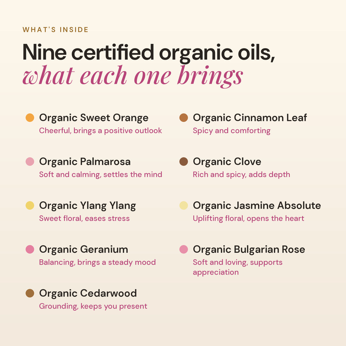 What's inside Gratitude: nine certified organic oils including sweet orange, palmarosa, ylang ylang, jasmine and Bulgarian rose, and what each oil brings