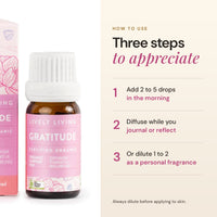How to use Gratitude essential oil: 2 to 5 drops in a diffuser in the morning, while journaling, or diluted as a personal fragrance