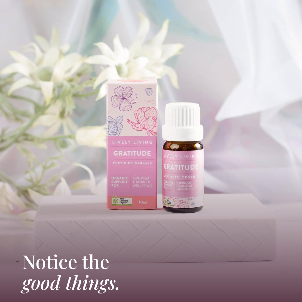 Gratitude 10ml oil and box on a white stand with white flowers: notice the good things