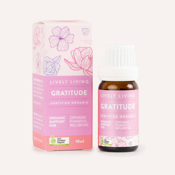 Lively Living Gratitude organic product packaging on a white background