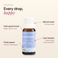 Happiness essential oil details: feel-good mood, fresh space, mental reset, less tension