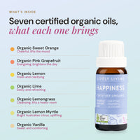 What's inside Happiness: seven certified organic oils, sweet orange, pink grapefruit, lemon, lime, lemongrass, lemon myrtle and vanilla, and what each oil brings