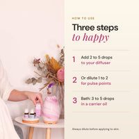 How to use Happiness essential oil: 2 to 5 drops in a diffuser, diluted on pulse points, or in the bath