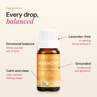 Harmony essential oil details: emotional balance, calm and clear, lavender-free, grounded