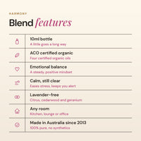 Harmony blend features: ACO certified organic, emotional balance, calm and still clear, lavender-free