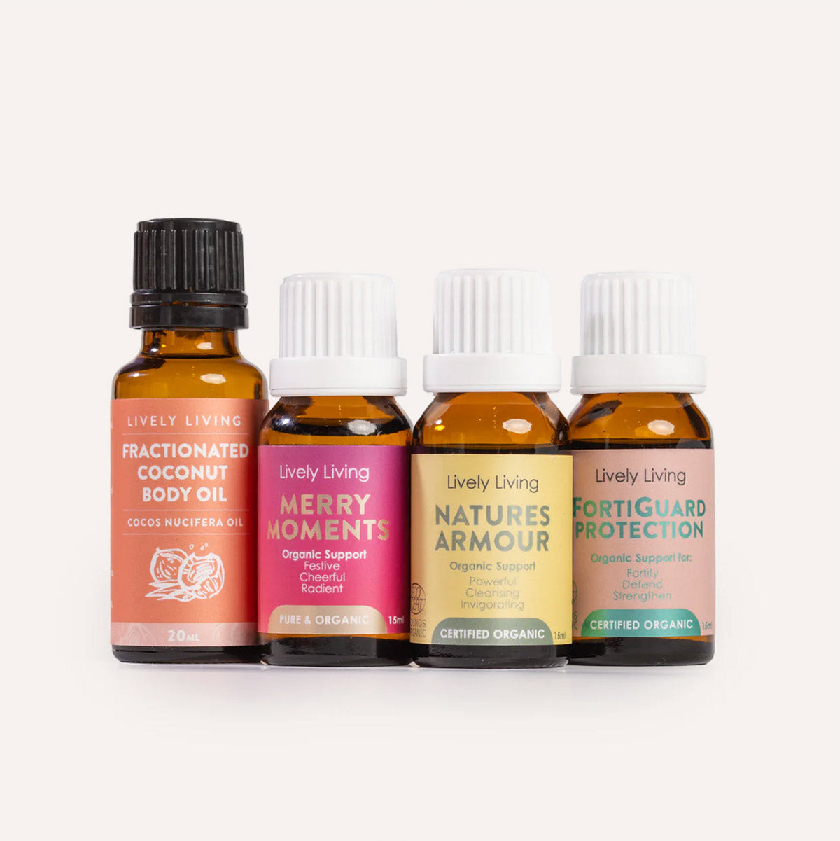 Four bottles of Lively Living essential oils on a white background