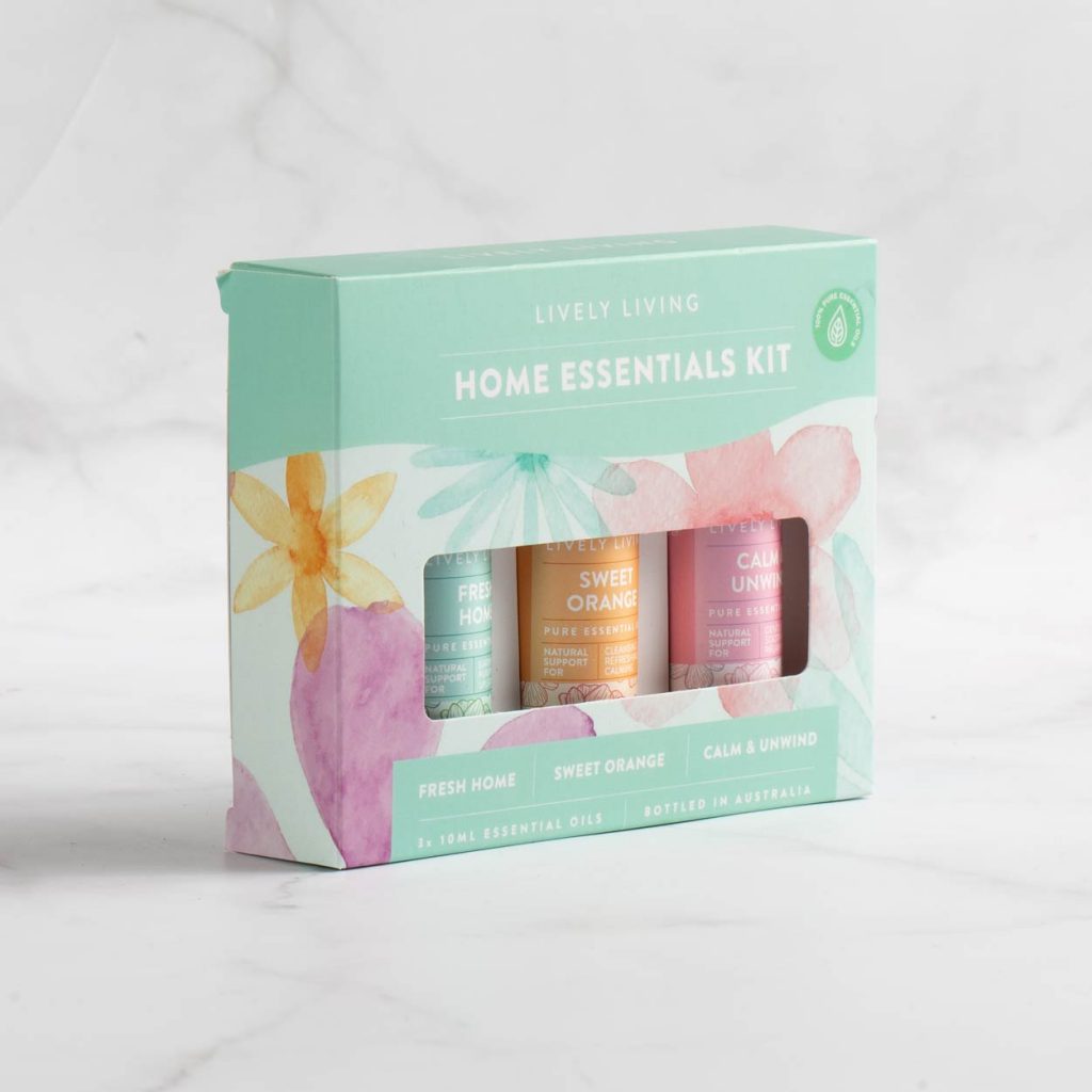 Living Living home essentials trio oil kit. On a marble backdrop