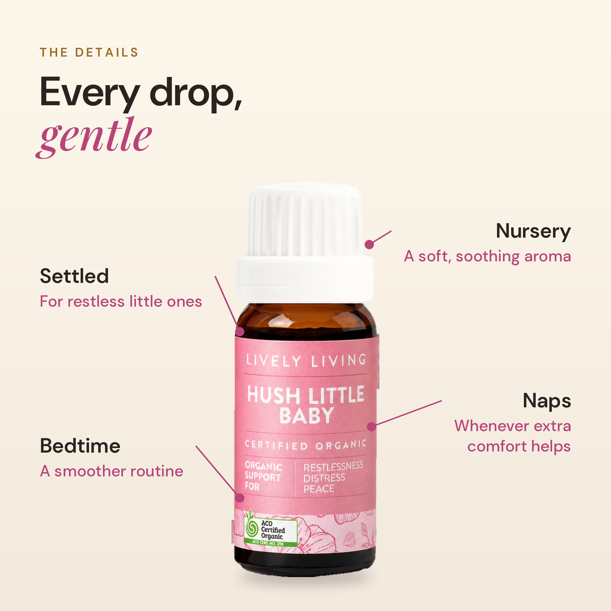 Hush Little Baby essential oil details: settled, bedtime, nursery, naps