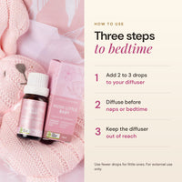 How to use Hush Little Baby essential oil: 2 to 3 drops in a diffuser before naps or bedtime, diffuser kept out of reach