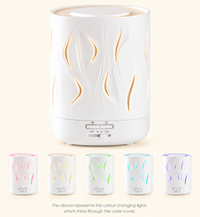 White Aroma-Cloud diffuser with wave-shaped cut-outs, shown large and then in five smaller versions lit pink, warm white, green, aqua and purple to show the colour changing lights