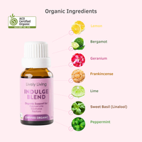 Lively Living Indulge Blend essential oil bottle with organic ingredients listed on a white background