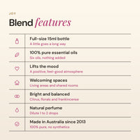 Joy blend features: 100% pure essential oils, lifts the mood, welcoming spaces, natural perfume