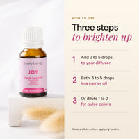 How to use Joy essential oil: 2 to 5 drops in a diffuser, in the bath, or diluted on pulse points