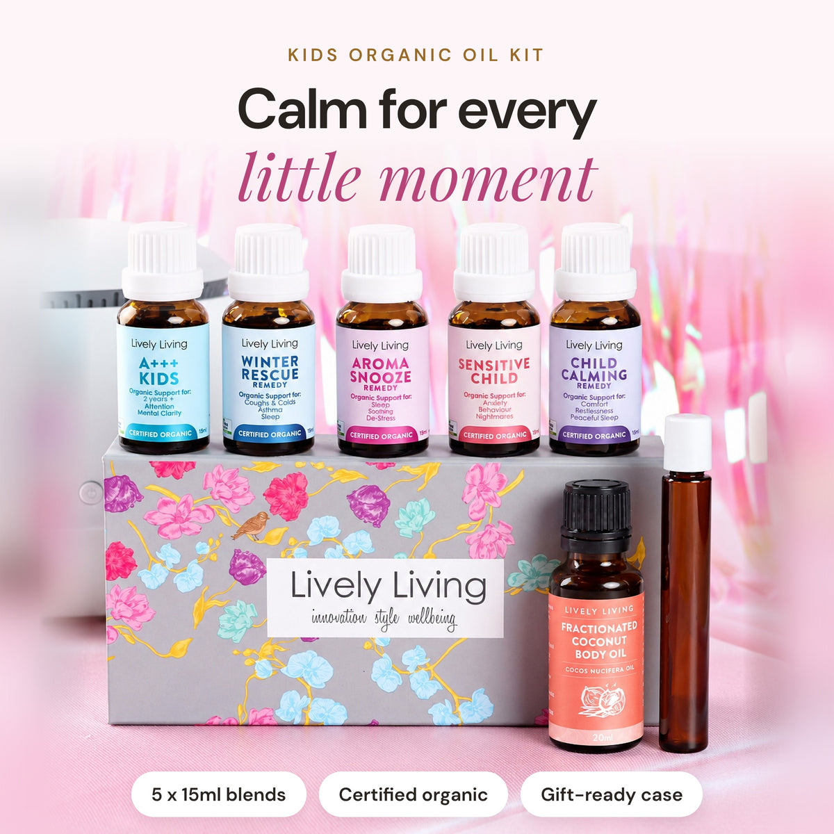 Kids Organic Oil Kit: five Lively Living certified organic 15ml blends on the floral magnetic gift case, with coconut oil and a roll-on bottle, headline Calm for every little moment