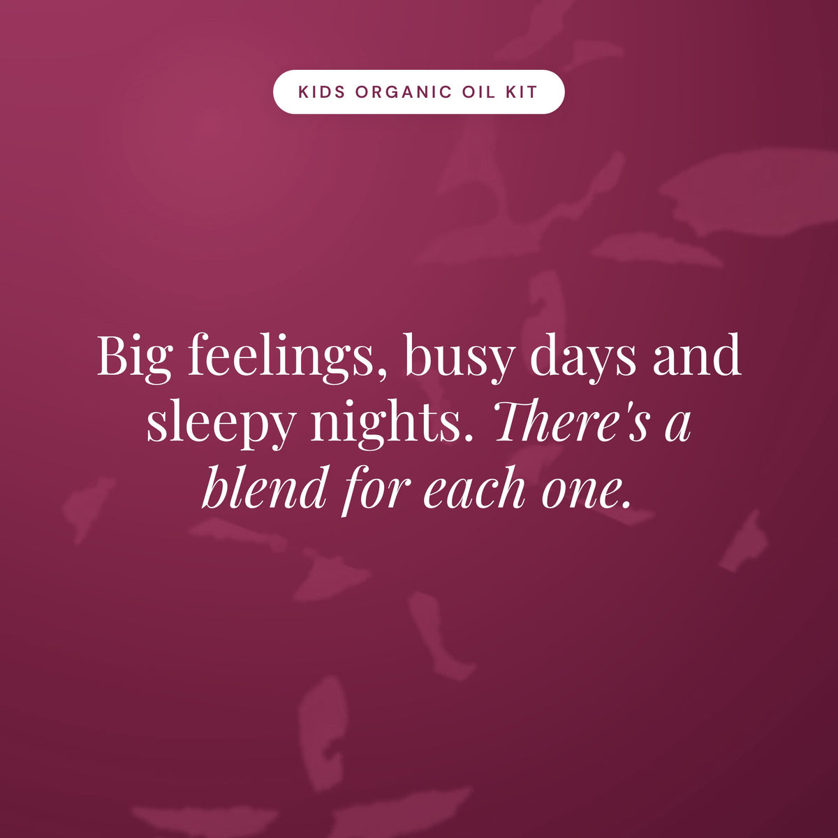 Kids Organic Oil Kit statement card in burgundy reading Big feelings, busy days and sleepy nights. There's a blend for each one.