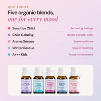 What's inside the Kids Organic Oil Kit: five certified organic blends, Sensitive Child, Child Calming, Aroma Snooze, Winter Rescue and A++ Kids, with the five bottles below